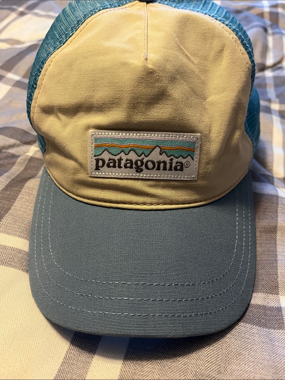 Patagonia Kids Light Yellow Front with Teal Mesh & Blue Brim Hat